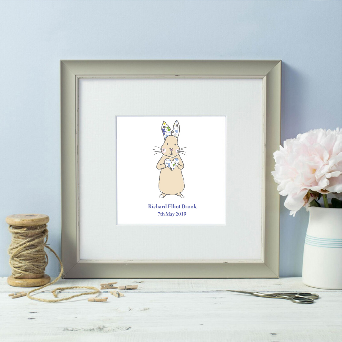Personalised Floral Blue Baby Bunny Named Framed Grey Print