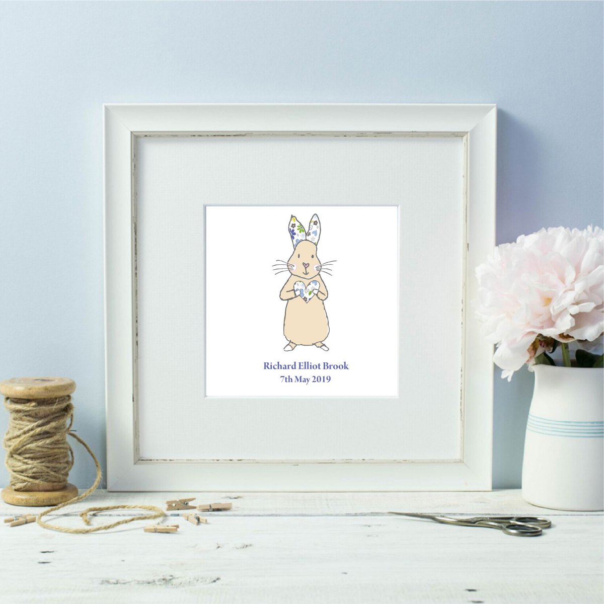 Personalised Floral Blue Baby Bunny Named White Framed Print