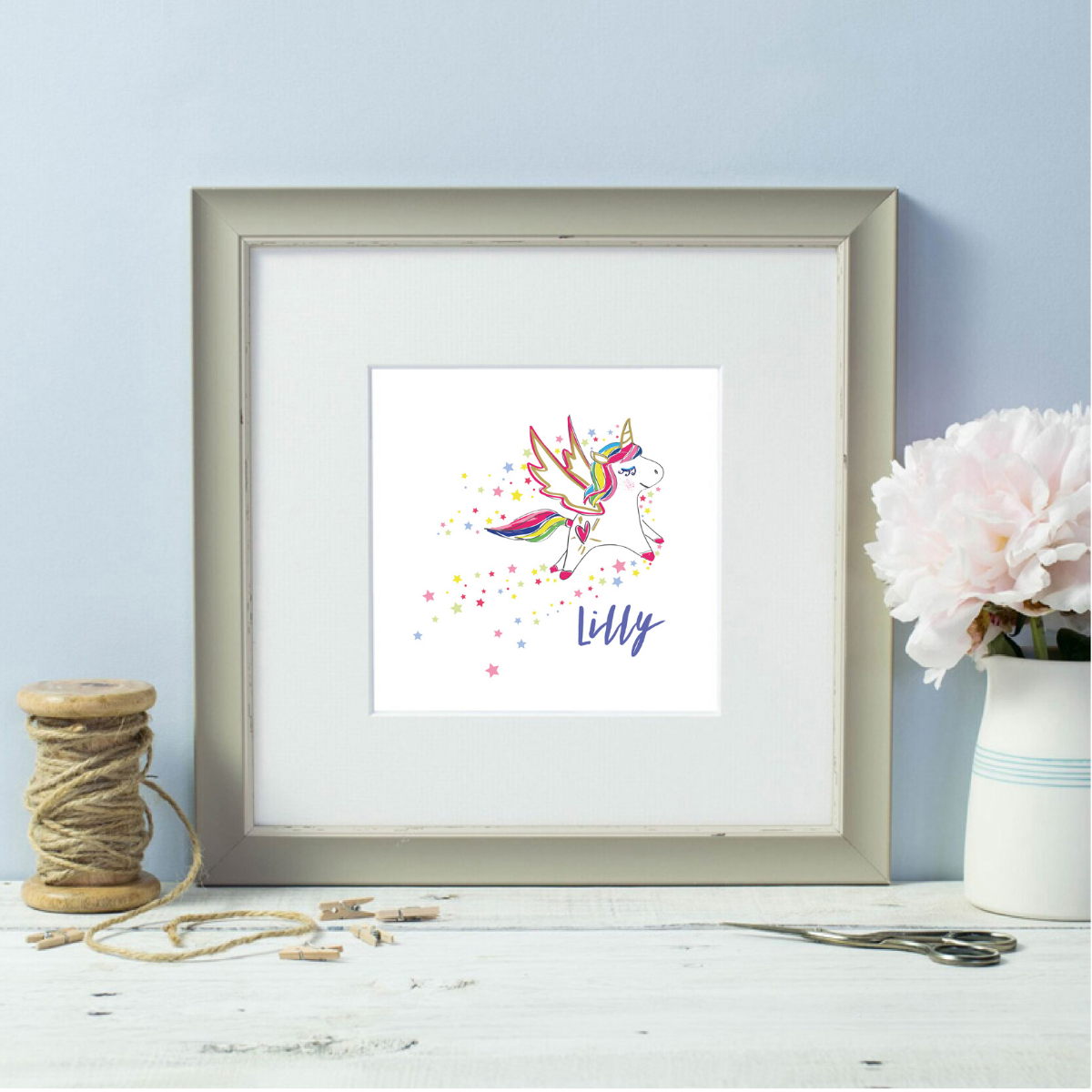 Personalised Rainbow Unicorn Girl Grey Framed Print