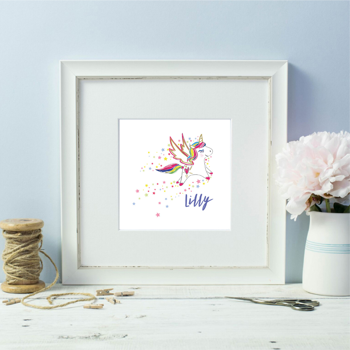 Personalised Rainbow Unicorn Girl White  Framed Print