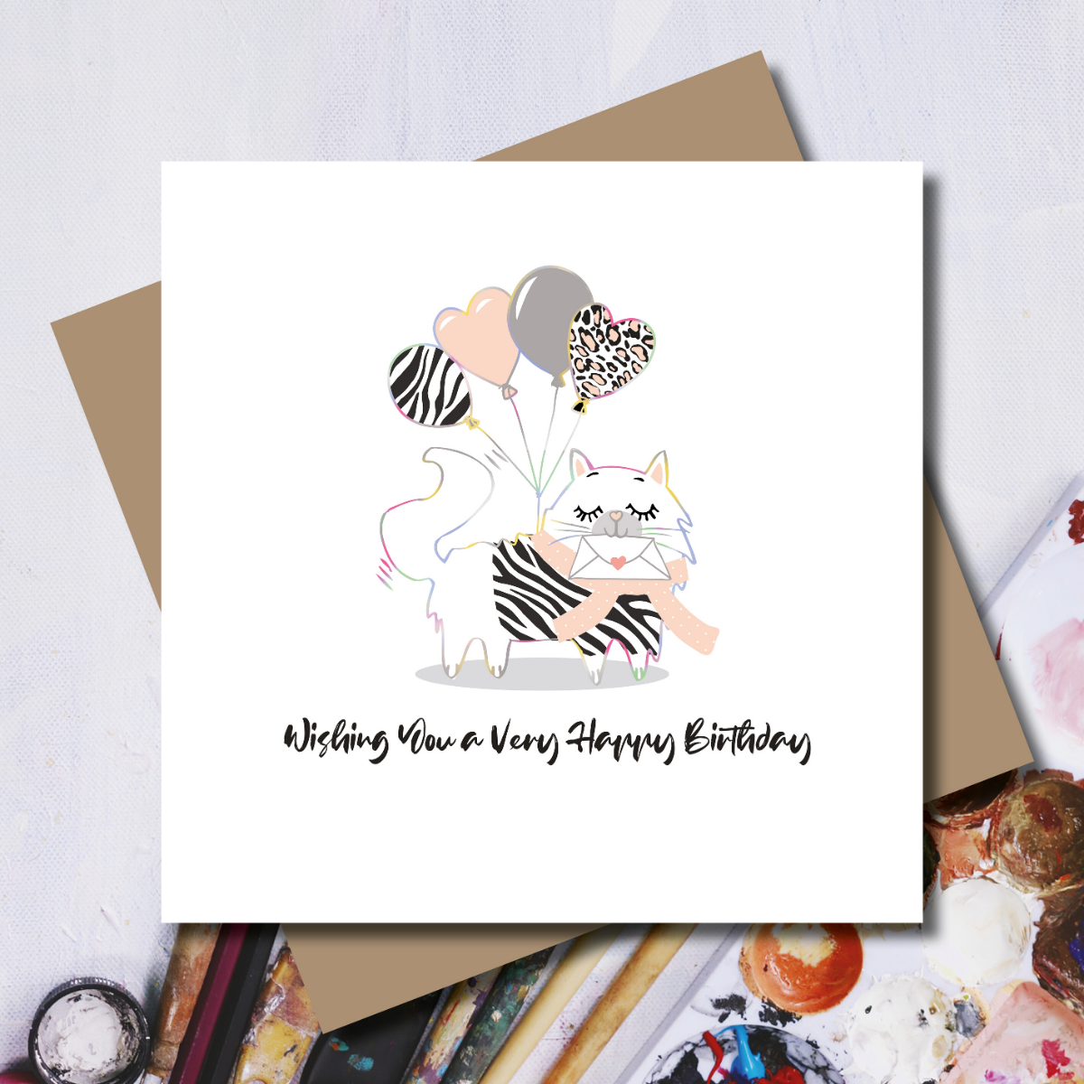 Ditsy Kat Balloons Rainbow Foil Greeting Card