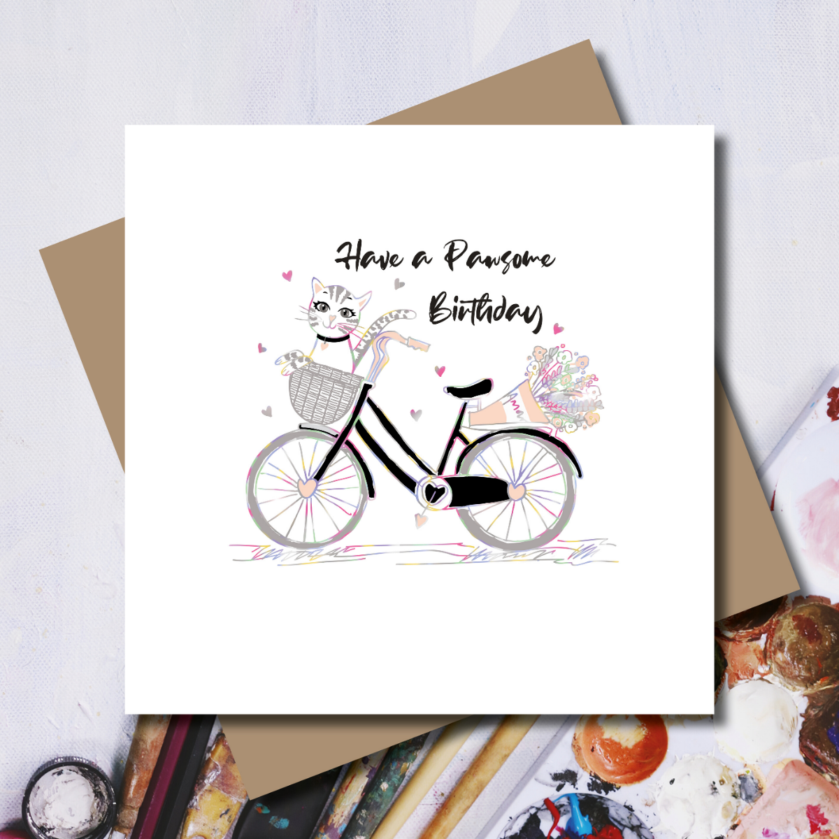 Pawsome Cat on a Birthday Bike Rainbow Foil Greeting Card