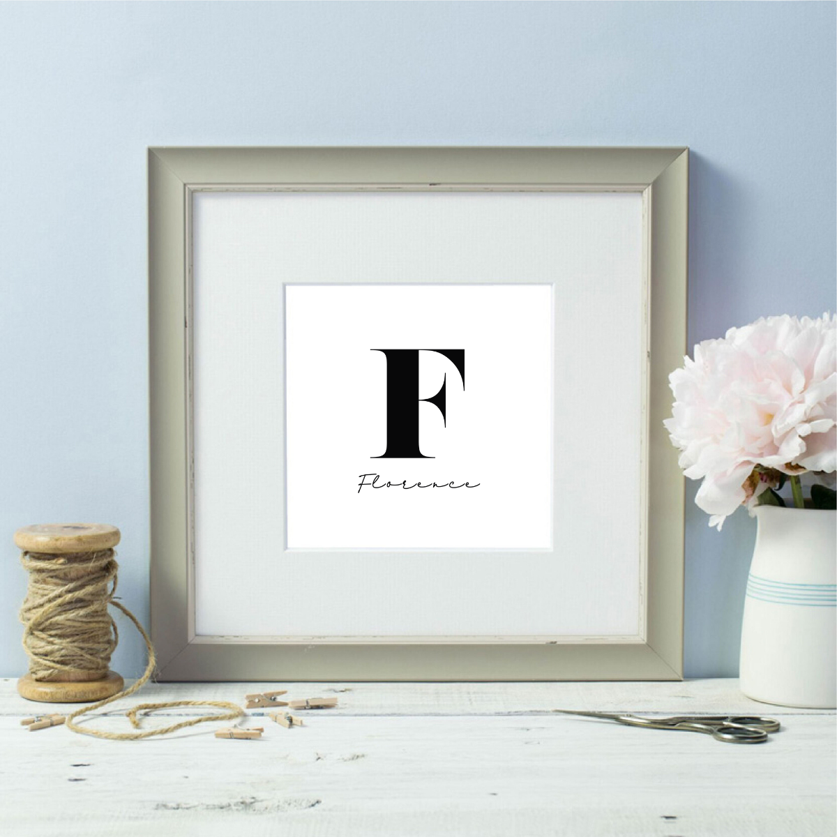 Black and White Personalised Initial Named Framed Print