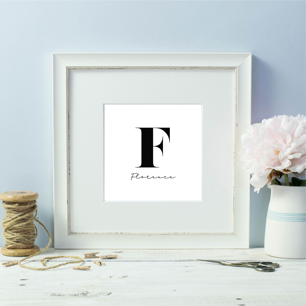 Black and White Personalised Initial Named Framed Print