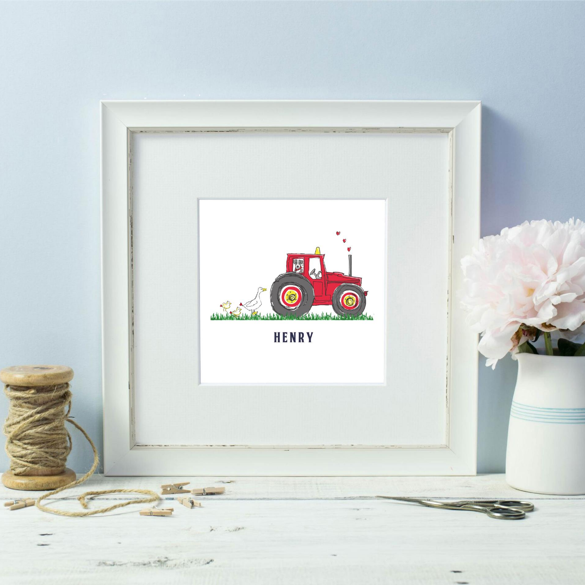 Personalised Farmer  Red Tractor White Framed Print