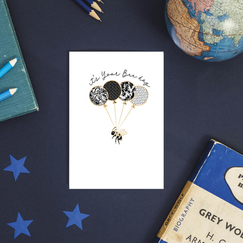 Happy Bee Day Bumble Bee Rose Gold Foil Birthday Balloons Greeting Card