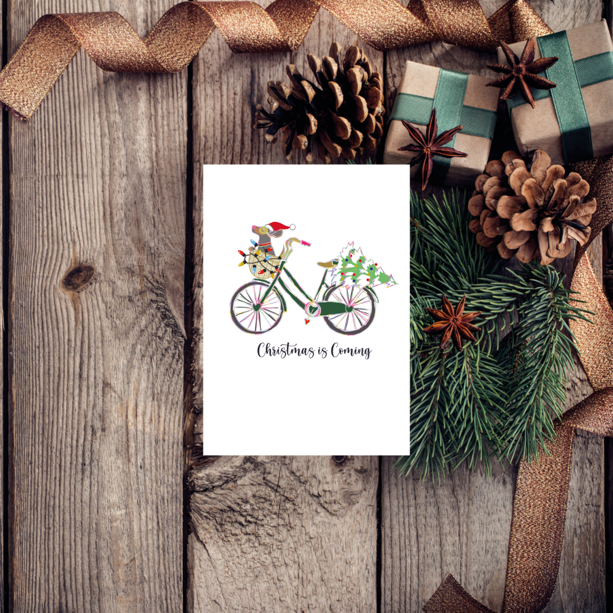 Ditsy Dachshund Dog Noel Bike Christmas Card