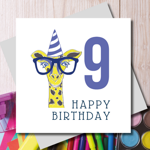 Happy 9th Birthday Party Hat Giraffe Greeting Card