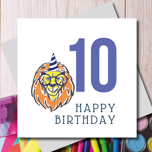 Happy 10th Birthday Party Hat Lion With Glasses Greeting Card