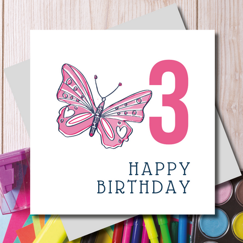 Happy 3rd Birthday Pink Butterfly Greeting Card