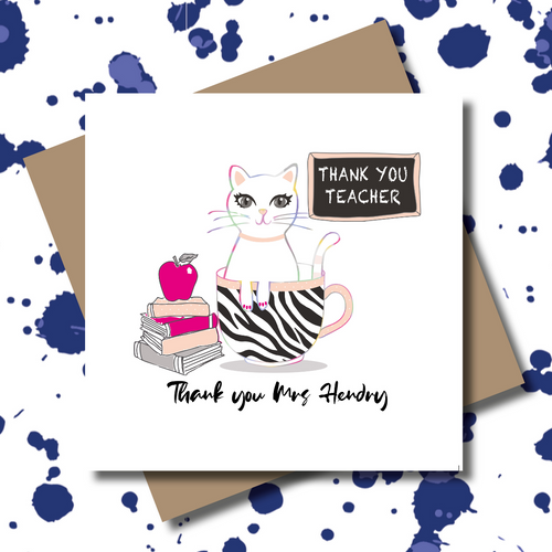 Personalised Key Worker Cat Teacher Teacup Greeting Card