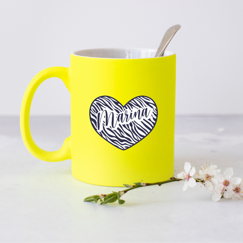 Animal Print Heart Personalised Neon Yellow Mug