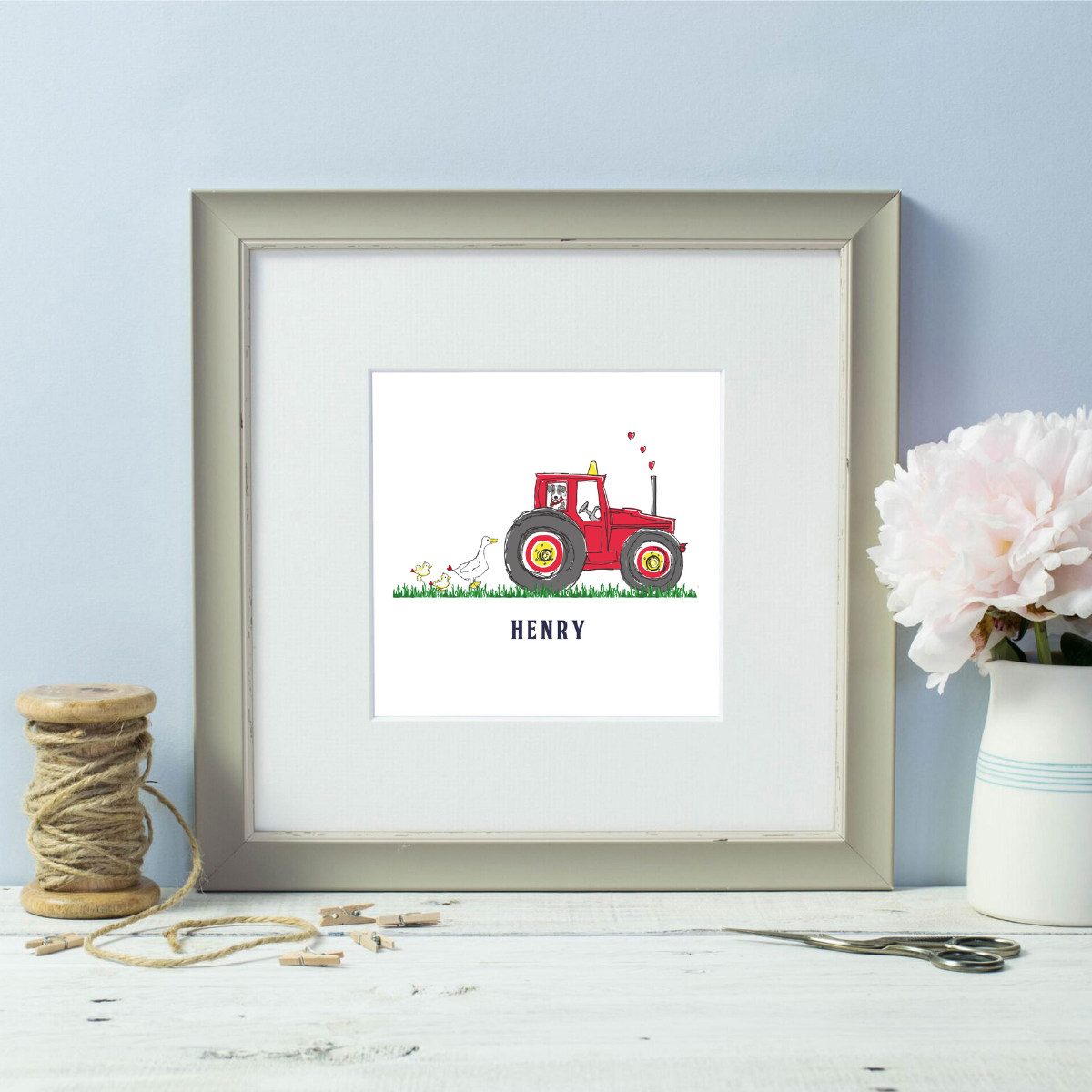 Personalised Farmer  Red Tractor Grey Framed Print
