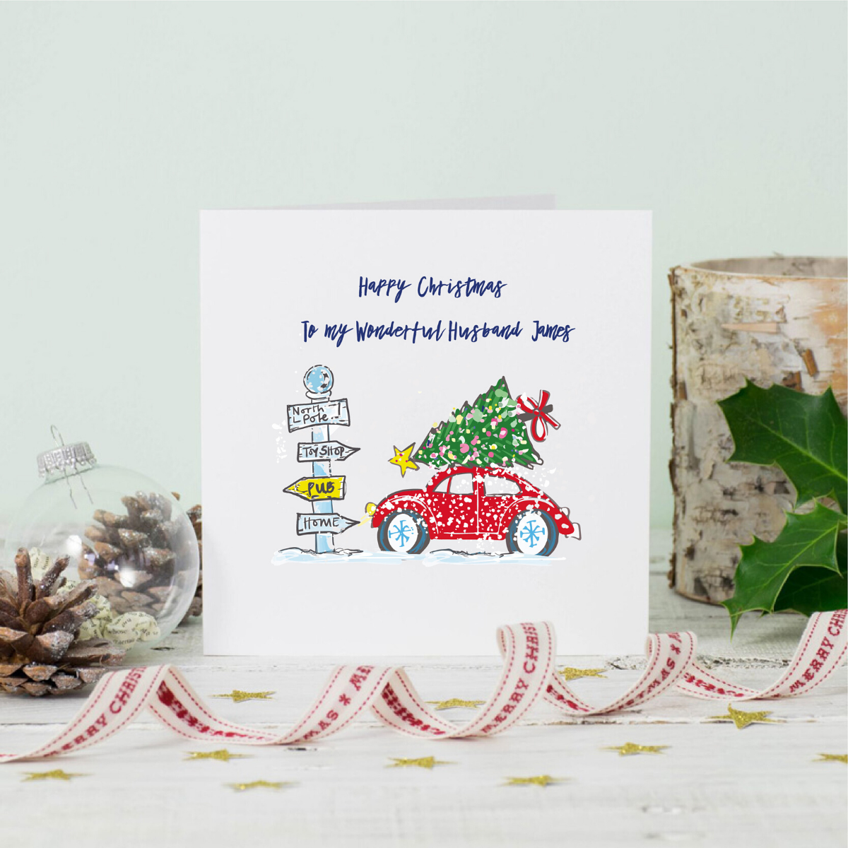 Personalised Christmas Snowy Car Husband Greeting Card