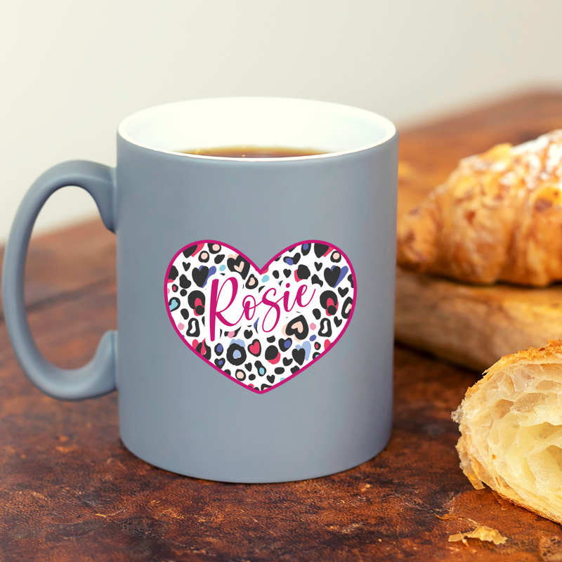 Leopard Print Heart Personalised Grey Mug
