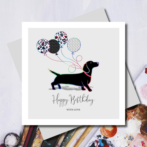 Elly Dachshund with Balloons Rainbow Foil Greeting Card