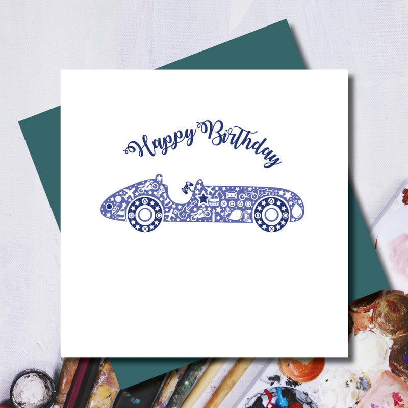Daisy Racing Car Birthday Greeting Card