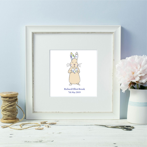 Personalised Floral Blue Baby Bunny Named White Framed Print 