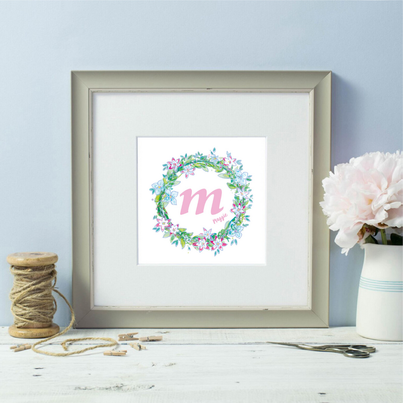 Personalised initial named green floral wreath grey framed print
