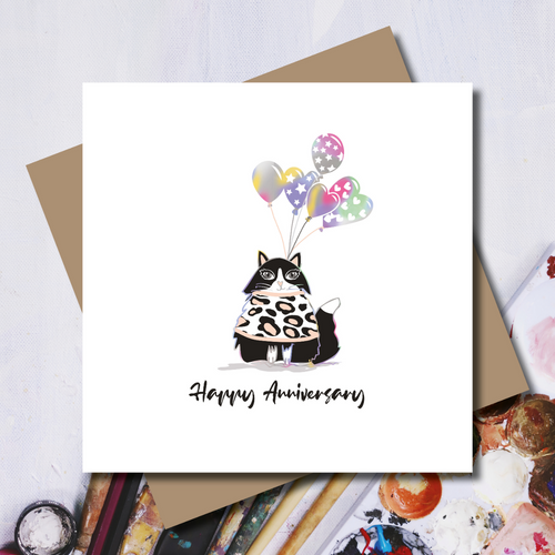 Cat Anniversary Heart Balloons Rainbow Foil Greeting Card