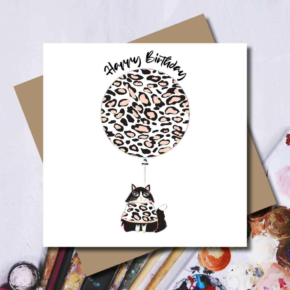 Ditsy Cat Leopard Print Balloon Rainbow Foil Greeting Card