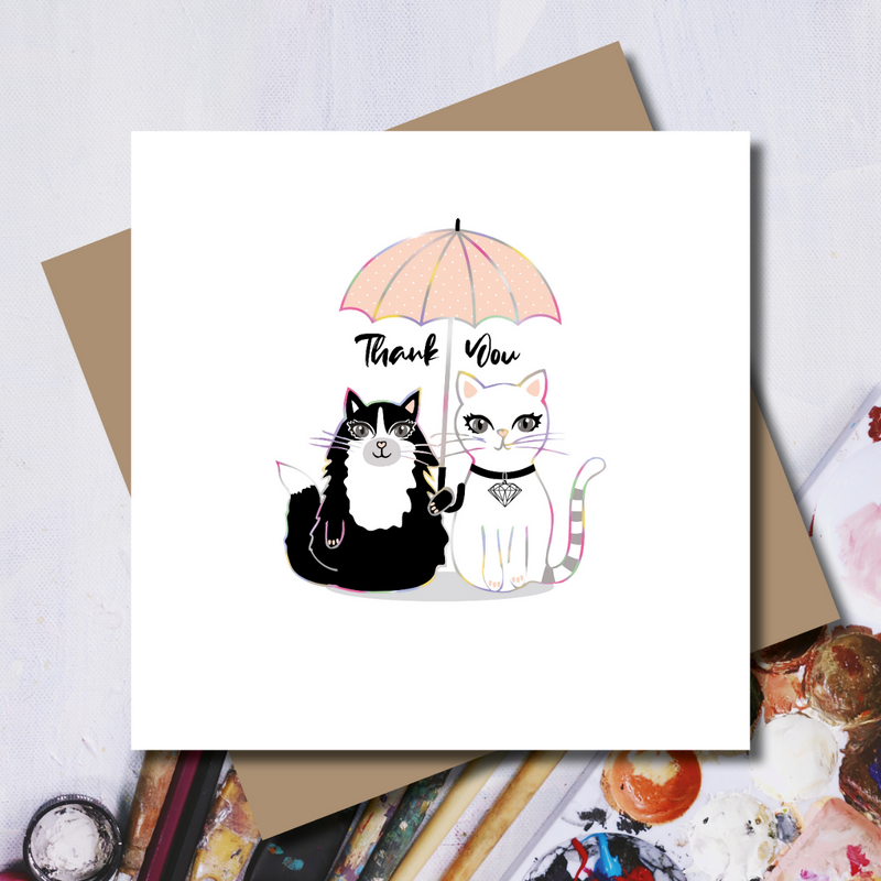 Under the Umbrella Thank You Cat Rainbow Foil Greeting Card