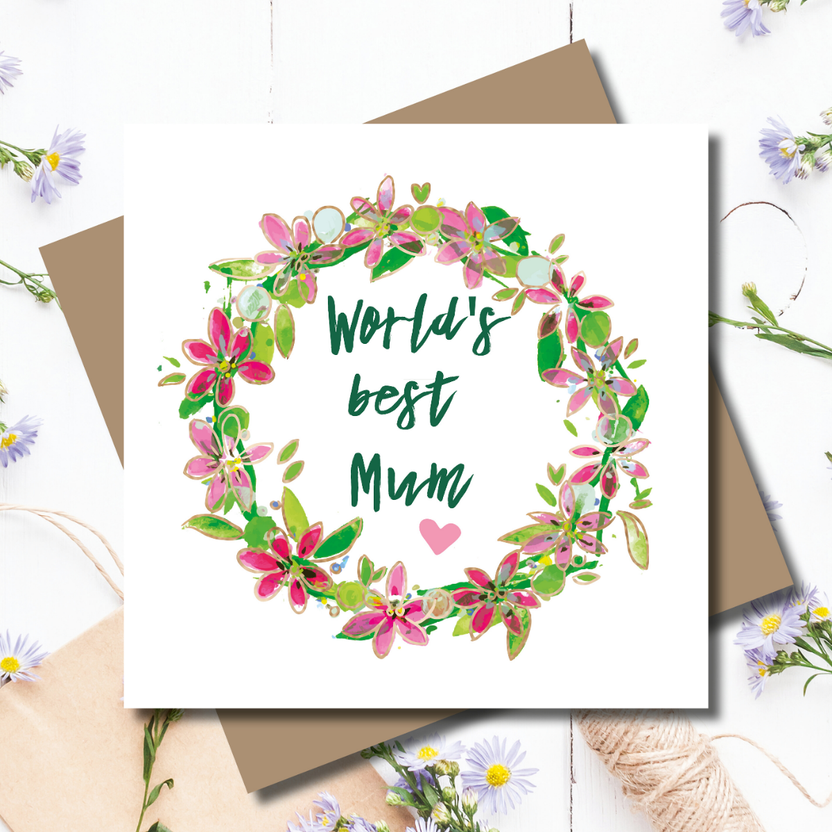 Ditsy Fleur Best Mum Wreath Rose Gold Foiled Greeting Card