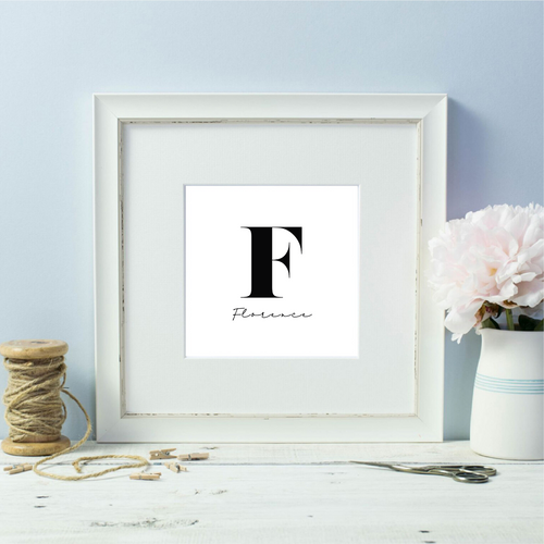 Black and White Personalised Initial Named Framed Print 