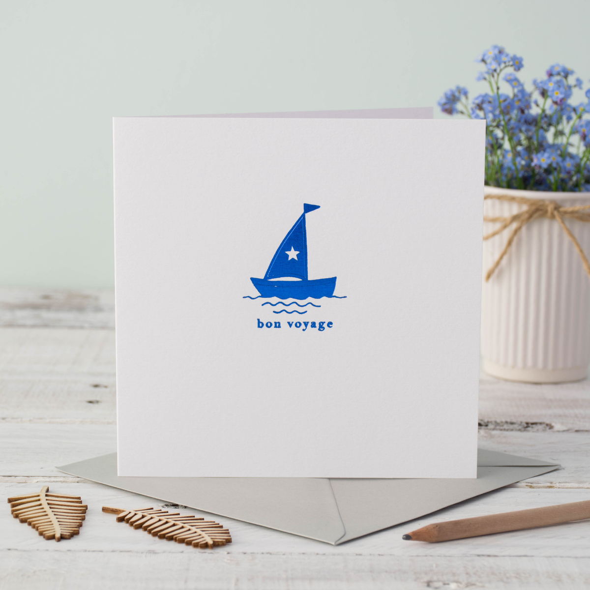Bon Voyage Boat Blue Foil Greeting Card