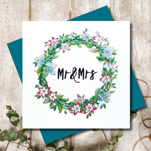 Wedding Floral Wreath - Mr and Mrs Greeting Card