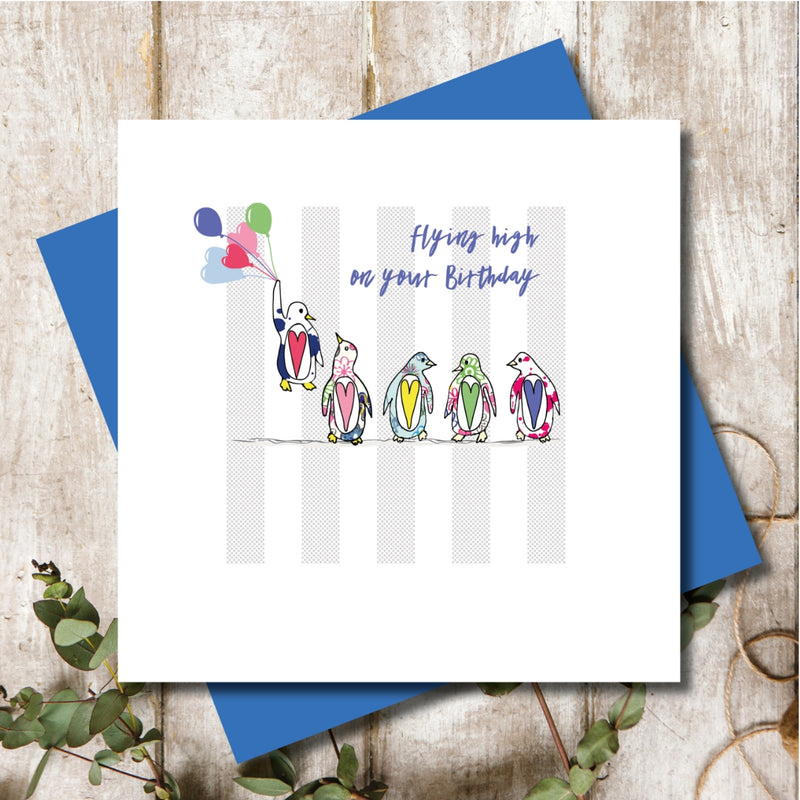 Flying High Penguins Happy Birthday Greeting Card