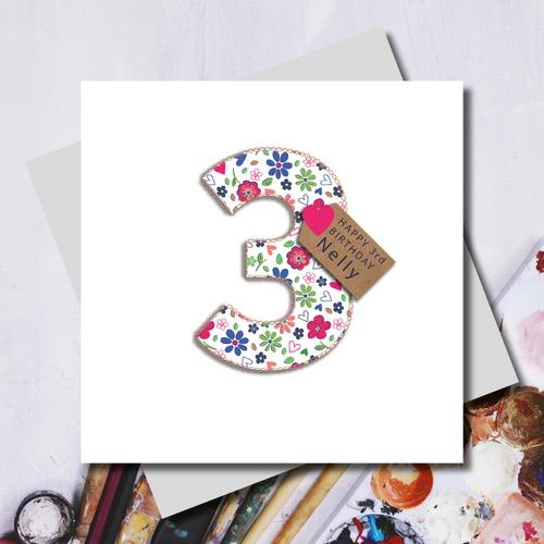 Personalised 3rd Birthday Ditsy Number Greeting Card