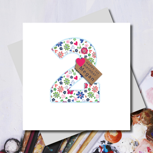 Personalised Second Birthday Ditsy Number Greeting Card