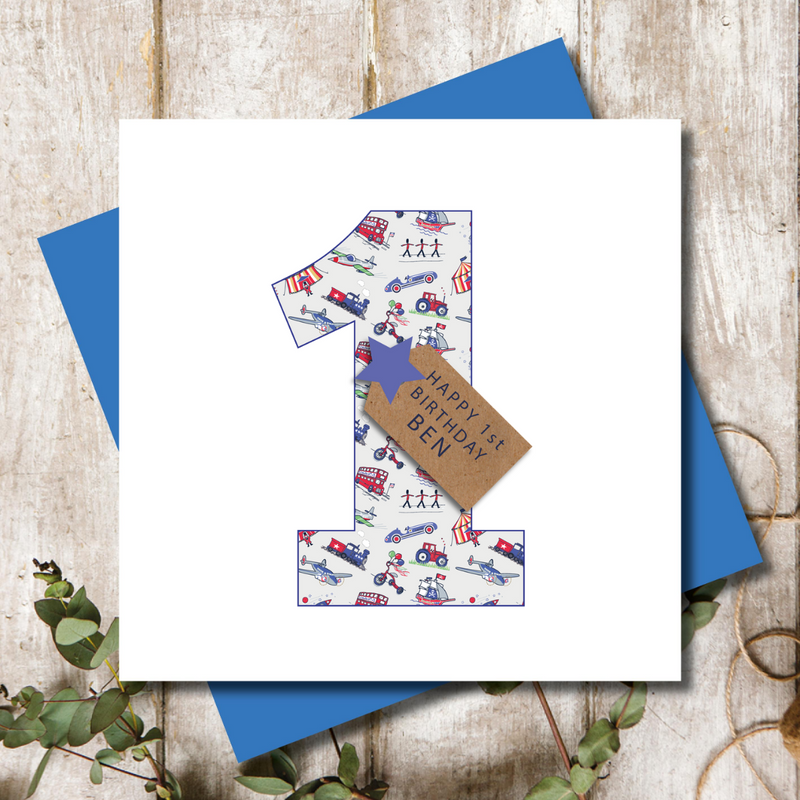 Personalised 1st Birthday Boys Transport Number Greeting Card