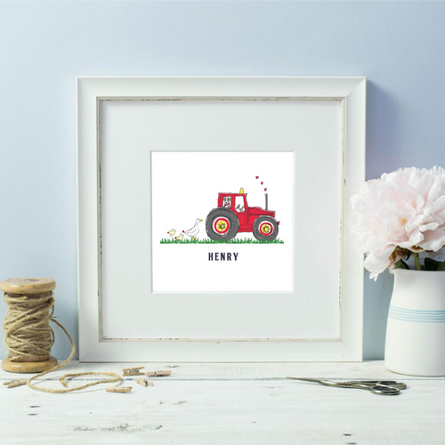 Personalised Farmer  Red Tractor White Framed Print