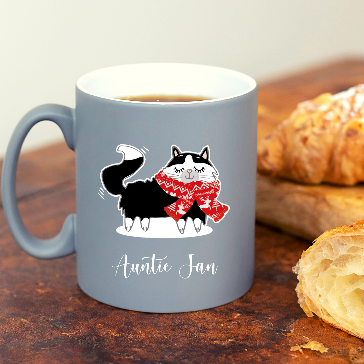 Christmas Snowy Cat with Red Scarf Personalised Grey Mug