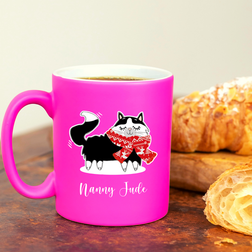 Christmas Snowy Cat with Red Scarf Personalised Neon Pink Mug