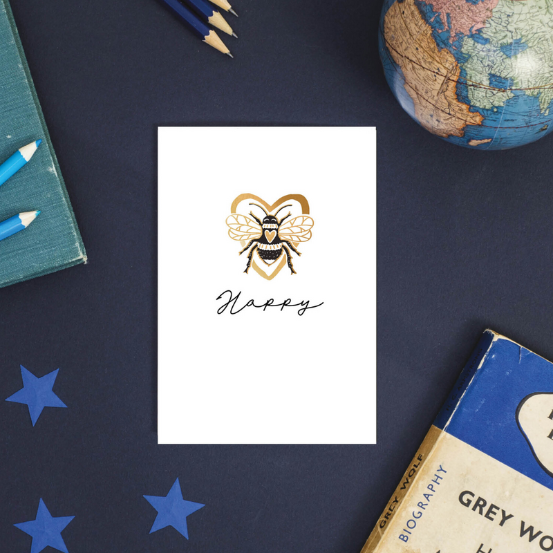 Bee Happy Bumble Bee Rose Gold Foil Greeting Card