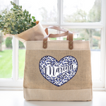 Blue Animal Print Personalised Heart Jute Cream  Shopper Bag