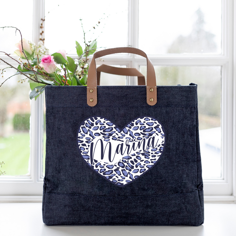Blue Animal Print Personalised Heart Jute Denim Shopper Bag