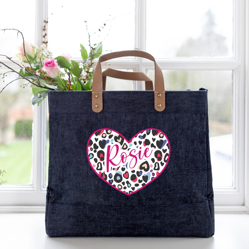 Denim Animal Print Personalised Heart Jute Shopper Bag