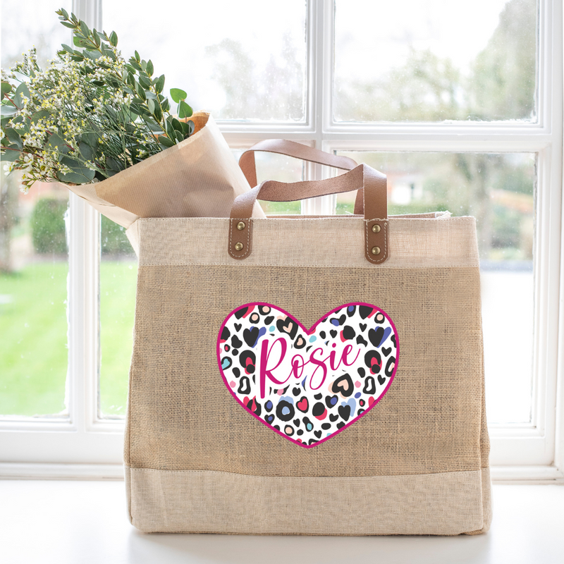 Animal Print Personalised Heart Jute Shopper Bag