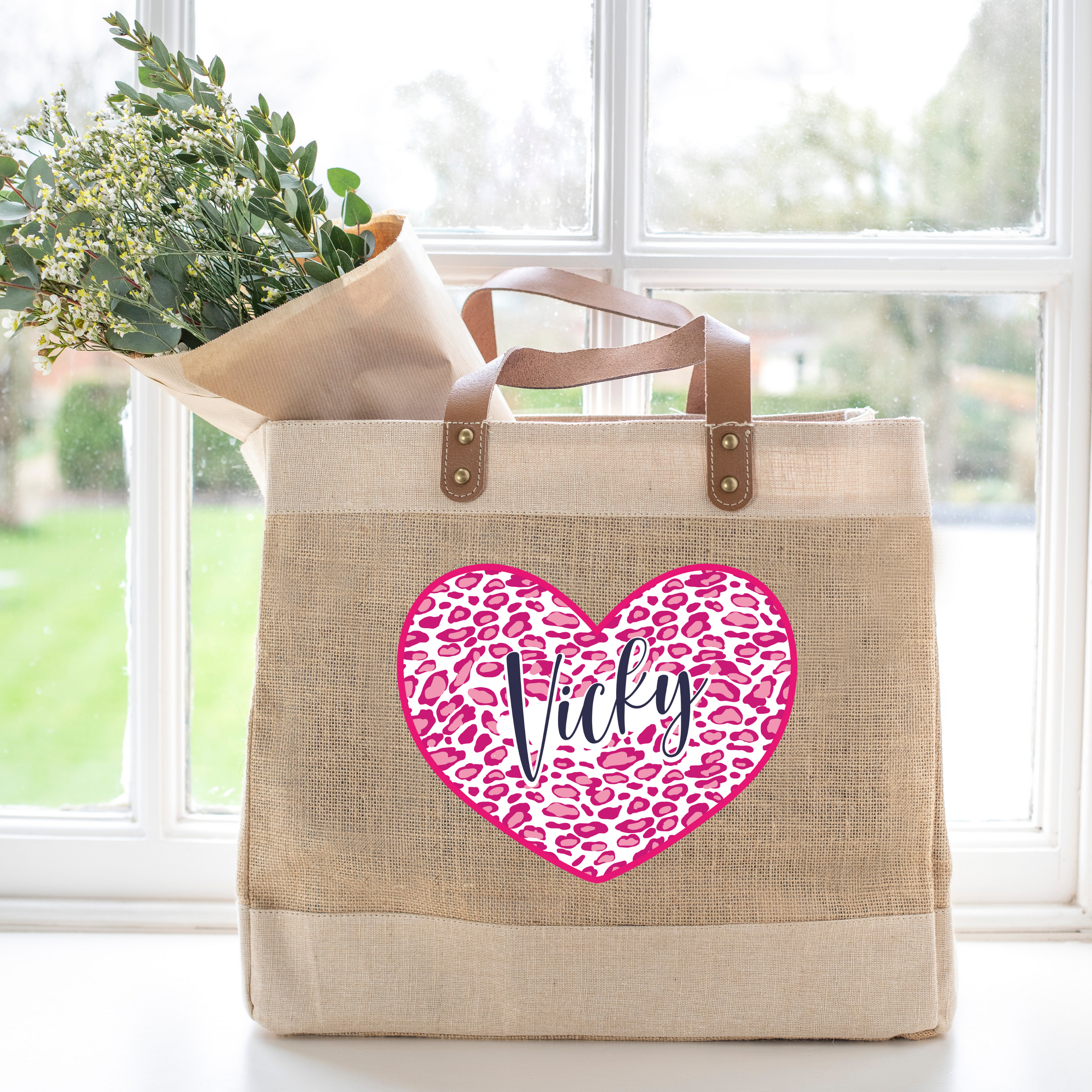 Animal Print Personalised Heart Jute Shopper Bag Marina B Designs