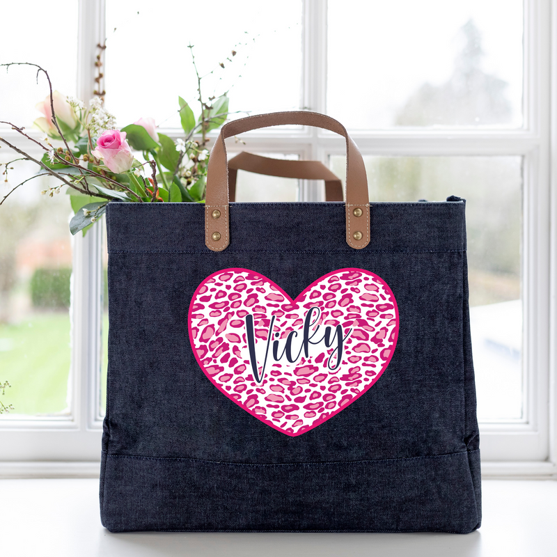 Pink Animal Print Heart Jute Shopper Bag