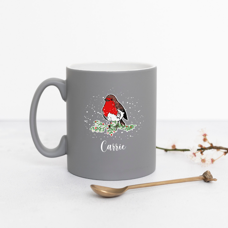 Christmas Robin Personalised Neon Grey Mug