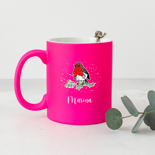 Christmas Robin Personalised Neon Pink Mug