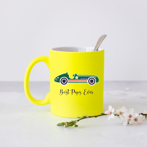 Vintage Racing Car Personalised Neon Yellow Mug